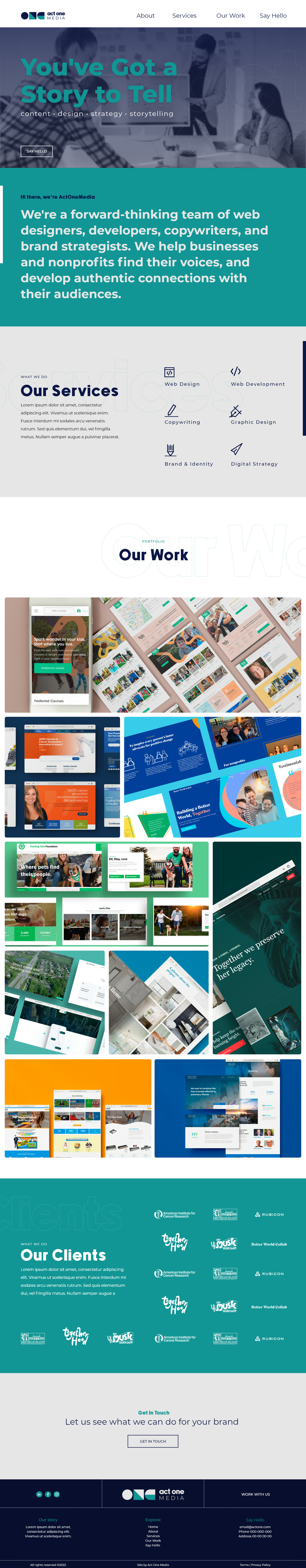 Homepage design for Act One Media Site, shown from the top of the page