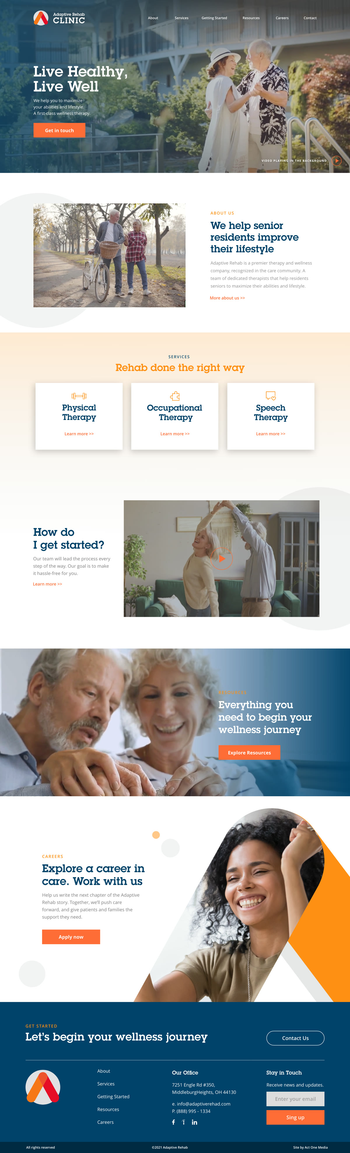 Homepage design for Adaptive Rehab Clinic, shown from the top of the page