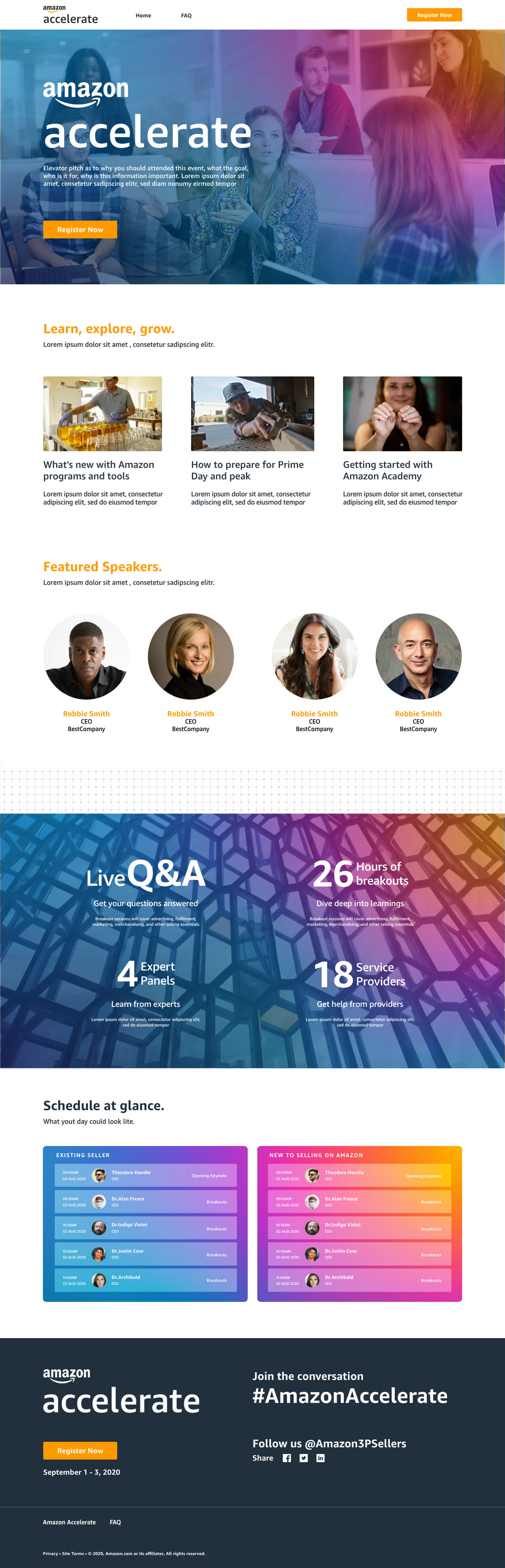Homepage design for Amazon Accelerate, shown from the top of the page