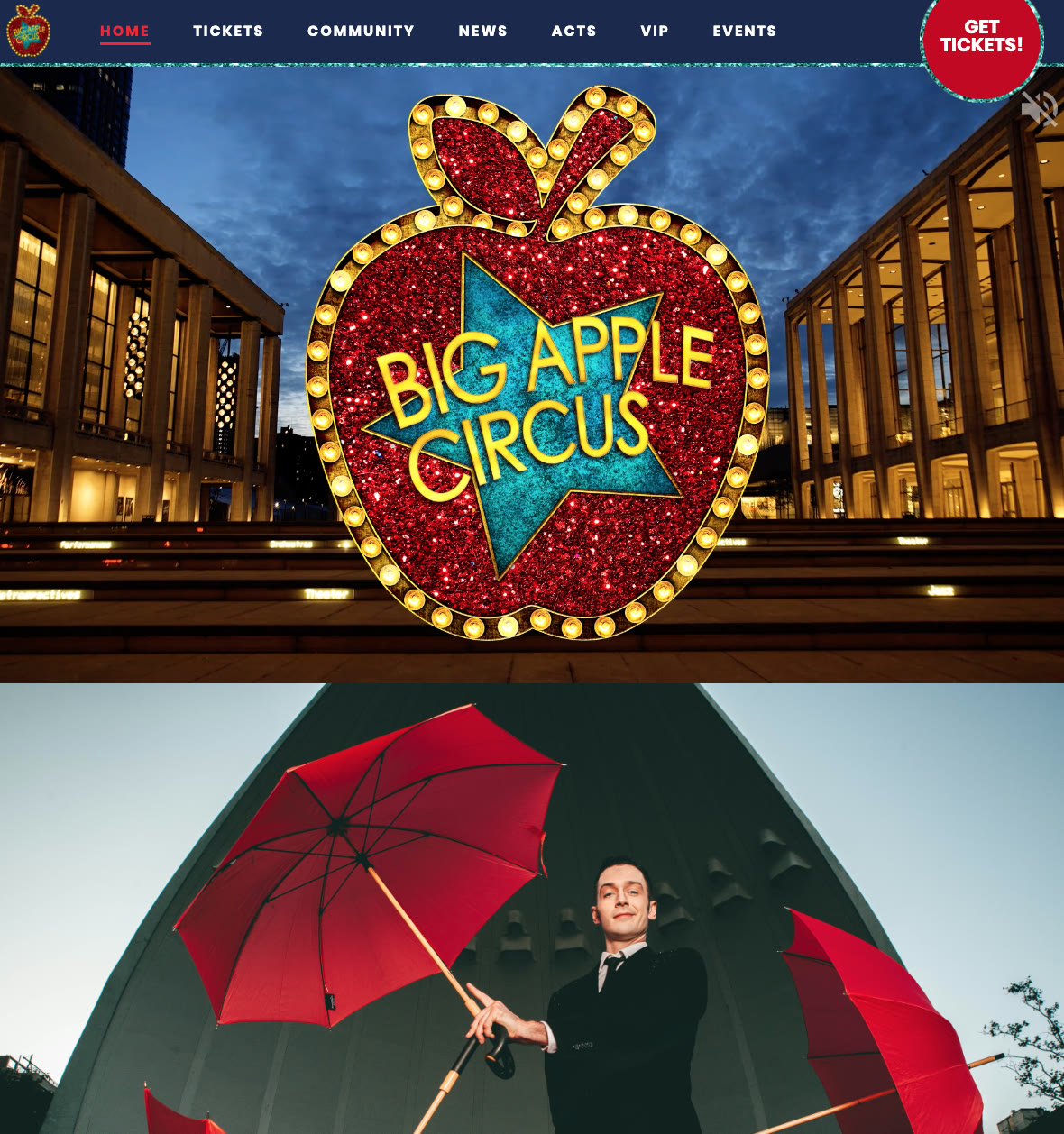 Homepage design for Big Apple Circus, shown from the top of the page