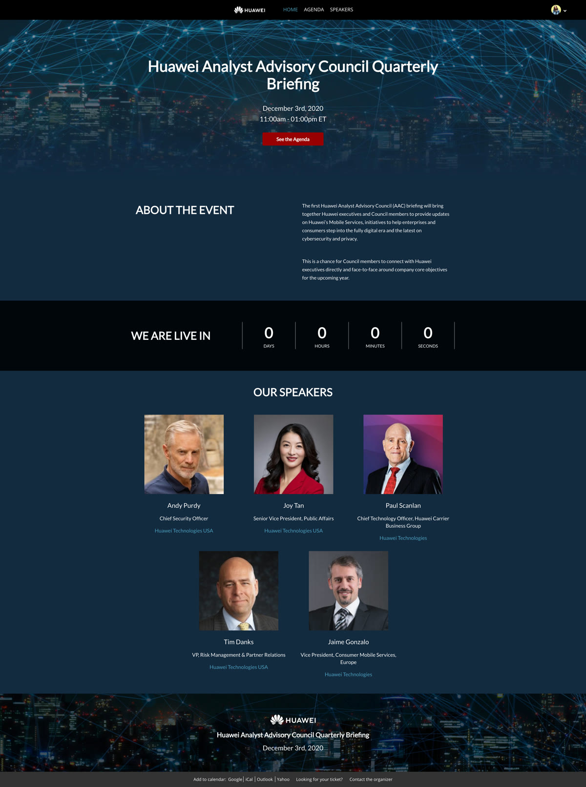 Homepage design for Huawei Analyst Advisory Council Quarterly Briefing, shown from the top of the page