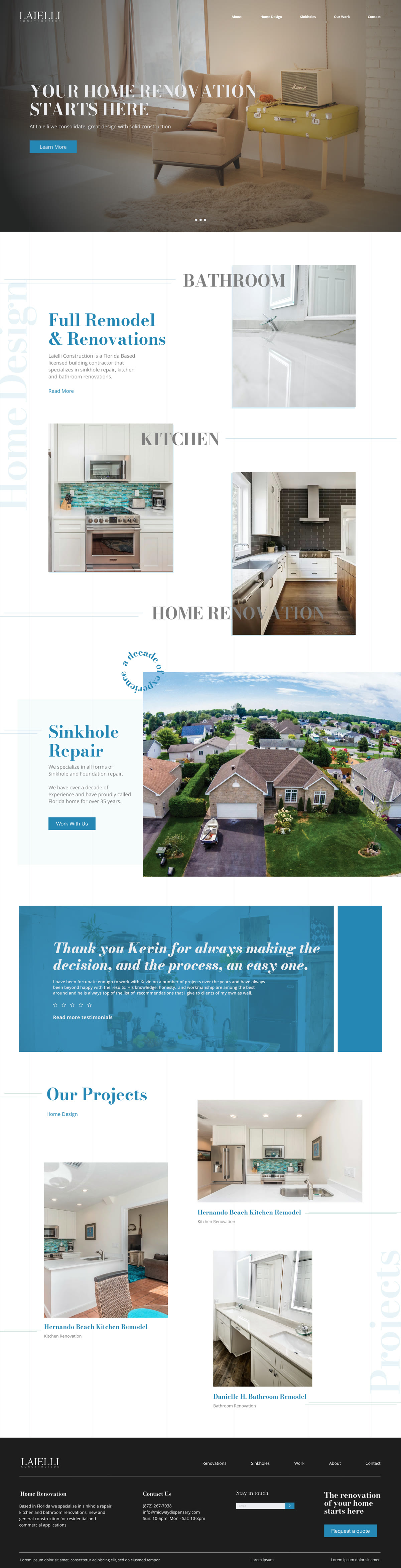 Homepage design for Laielli Construction, shown from the top of the page