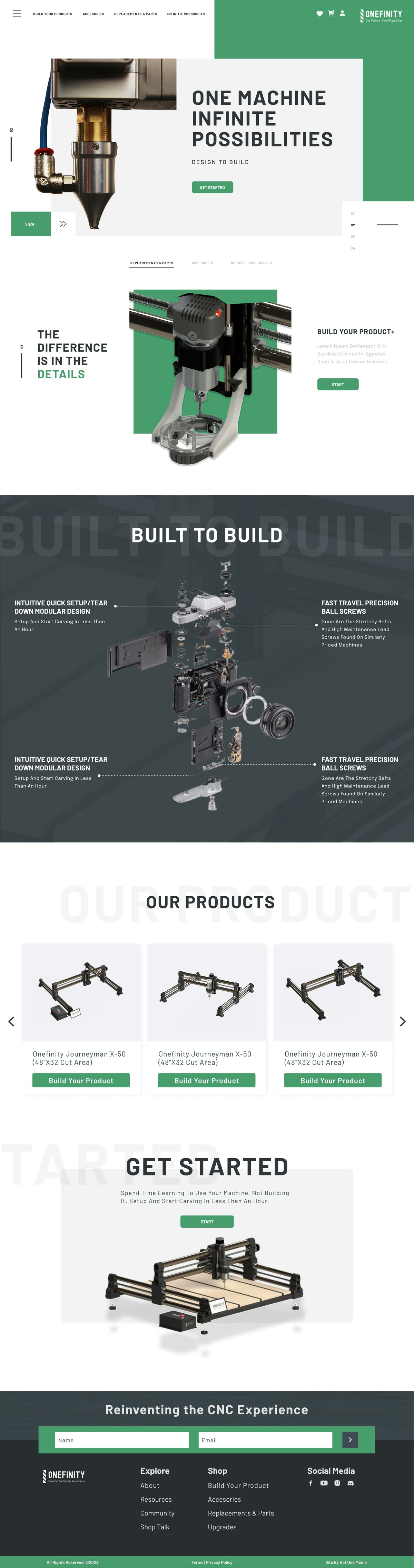 Homepage design for Onefinity, shown from the top of the page