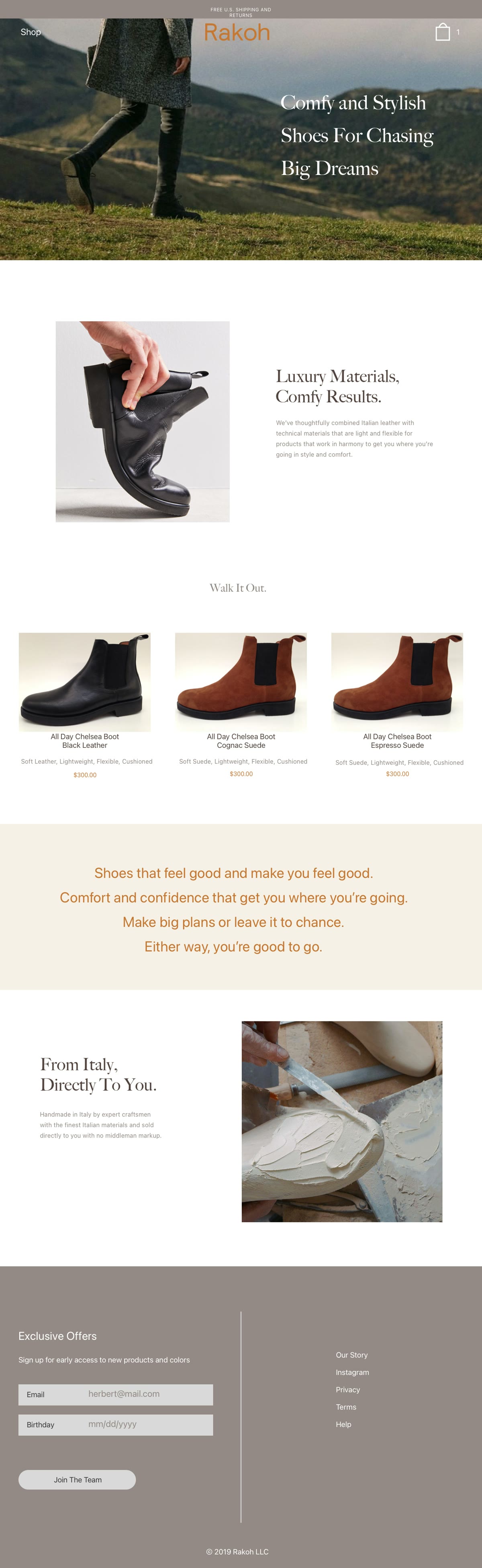 Homepage design for Rakoh, shown from the top of the page