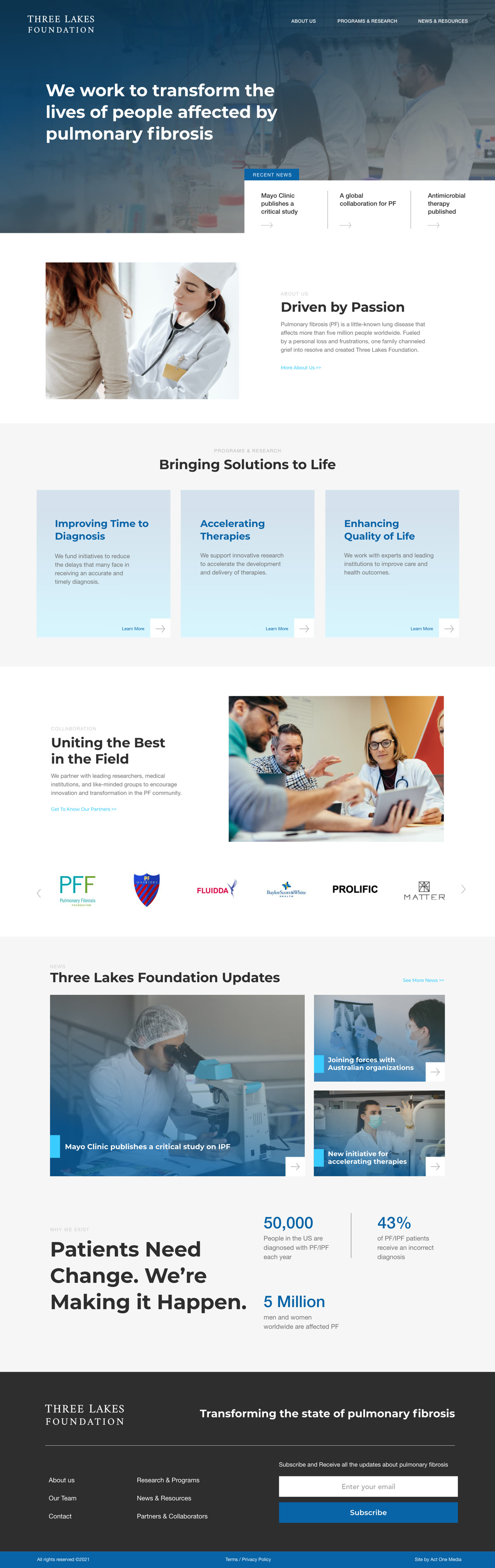 Homepage design for Three Lakes Foundation, shown from the top of the page