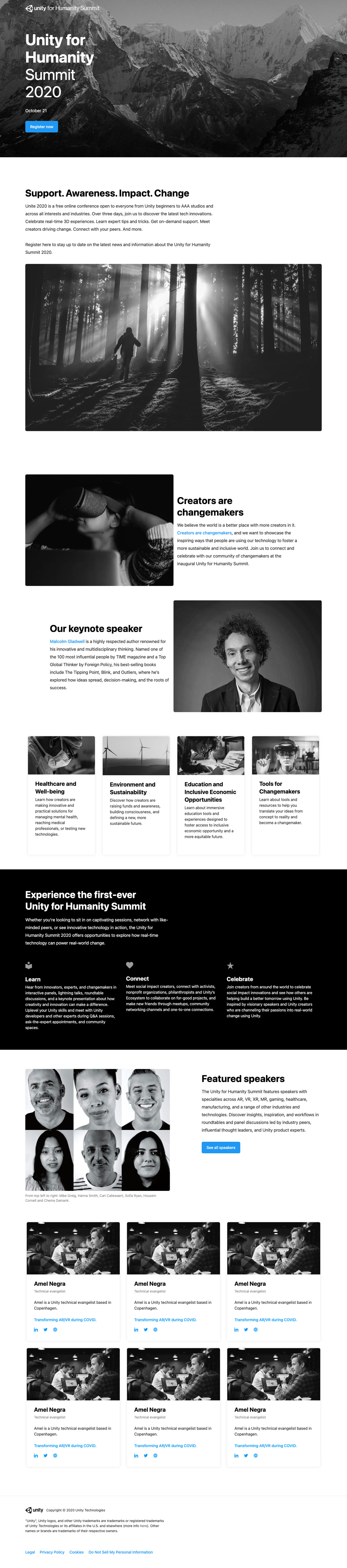 Homepage design for Unity Unite 2020, shown from the top of the page